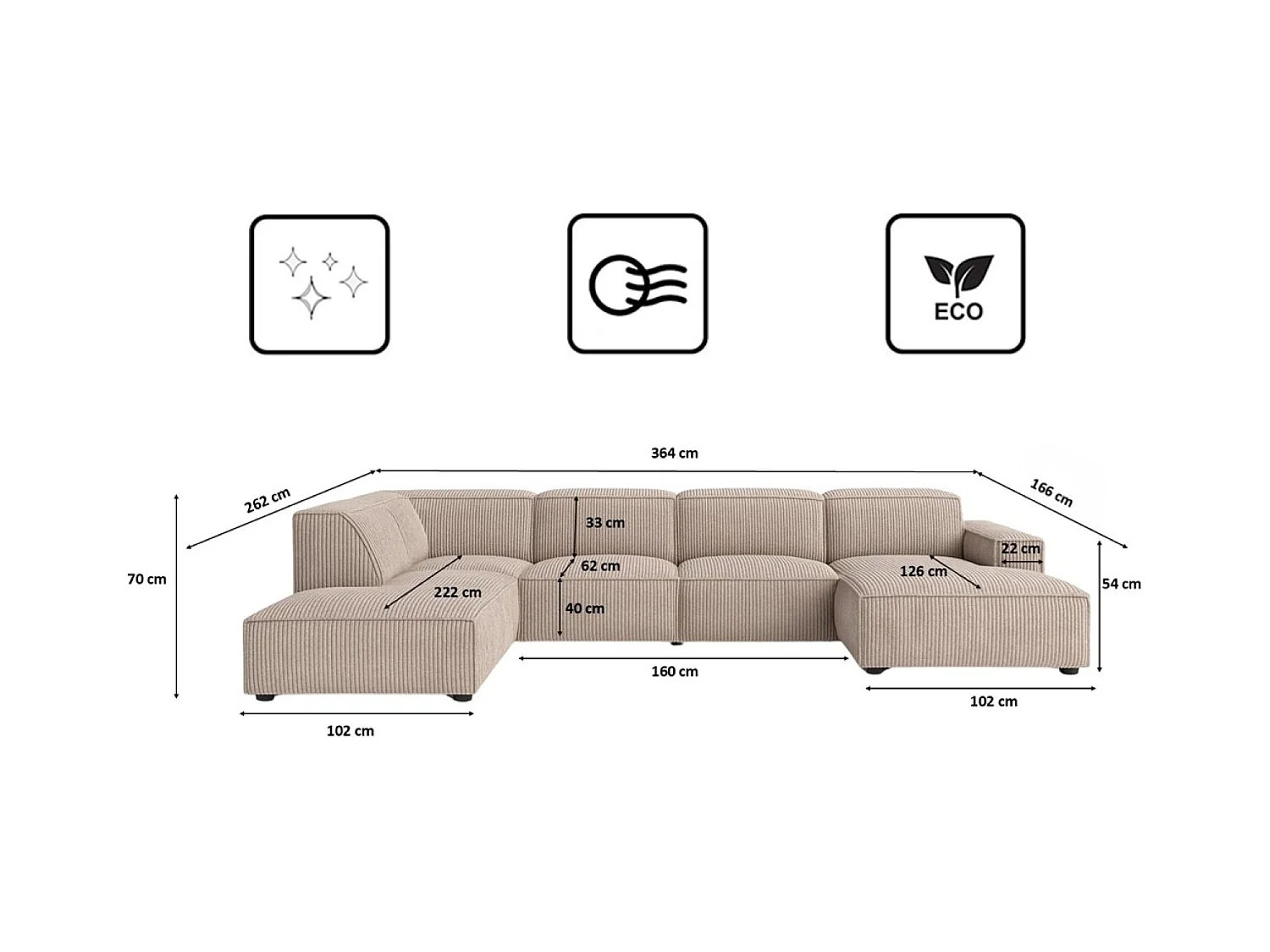 Ecksofa U-Form Cursal V, Stoff Poso, Beige, Links