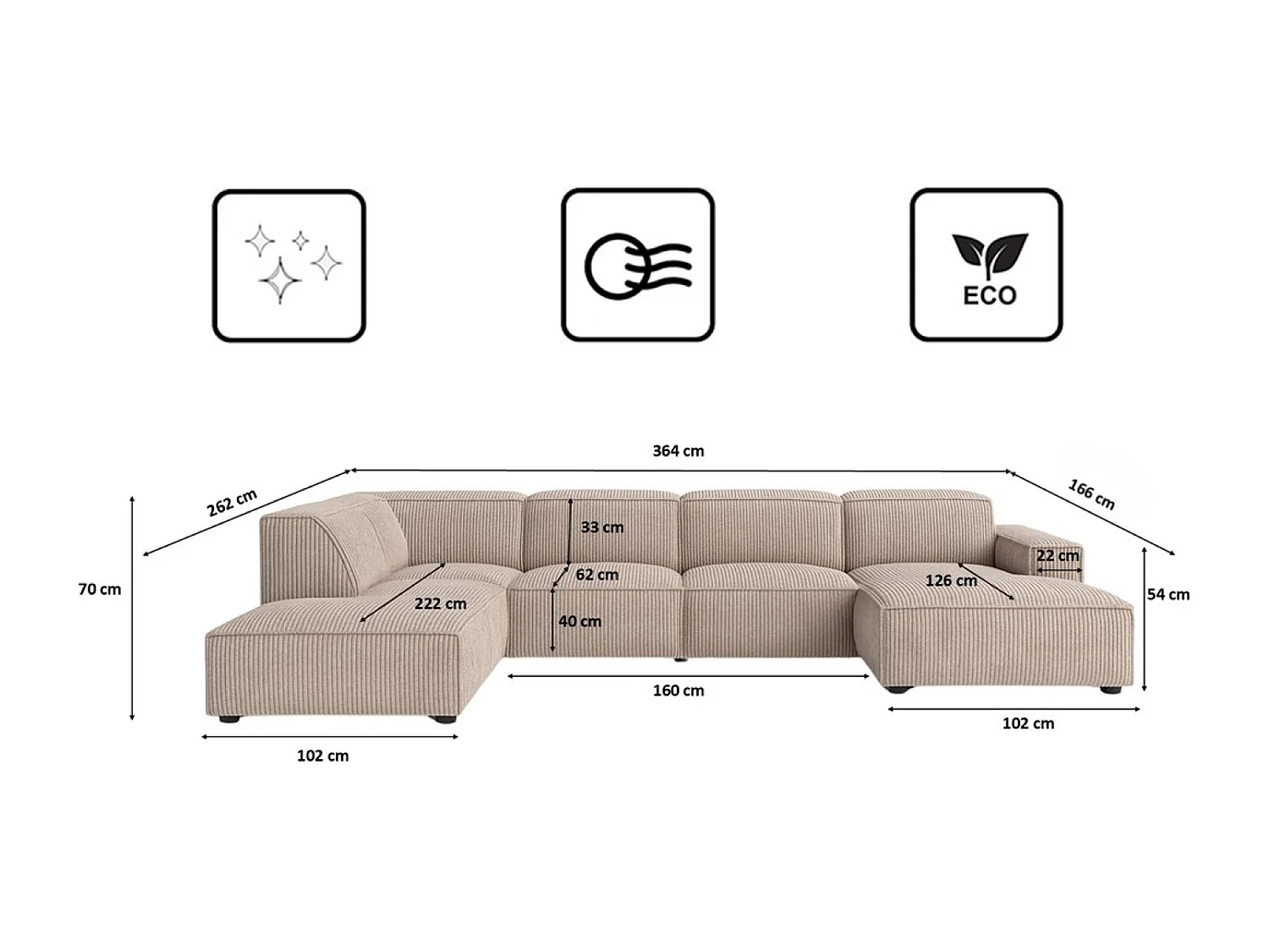 Divano angolare a U Cursal V, tessuto Poso, beige, sinistro