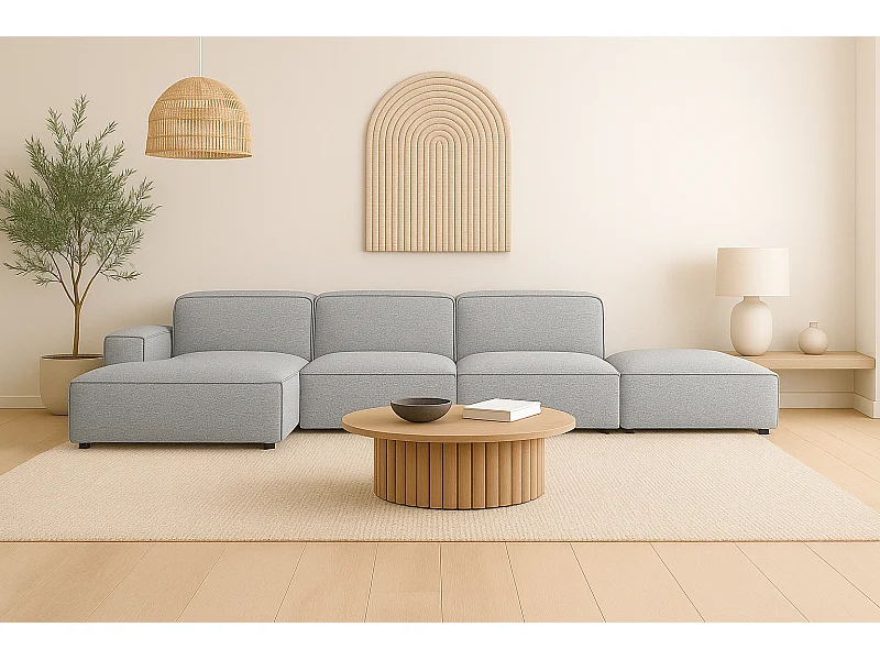 Canapé d'angle en L + tabouret Cursal, tissu Artico, ciment, gauche