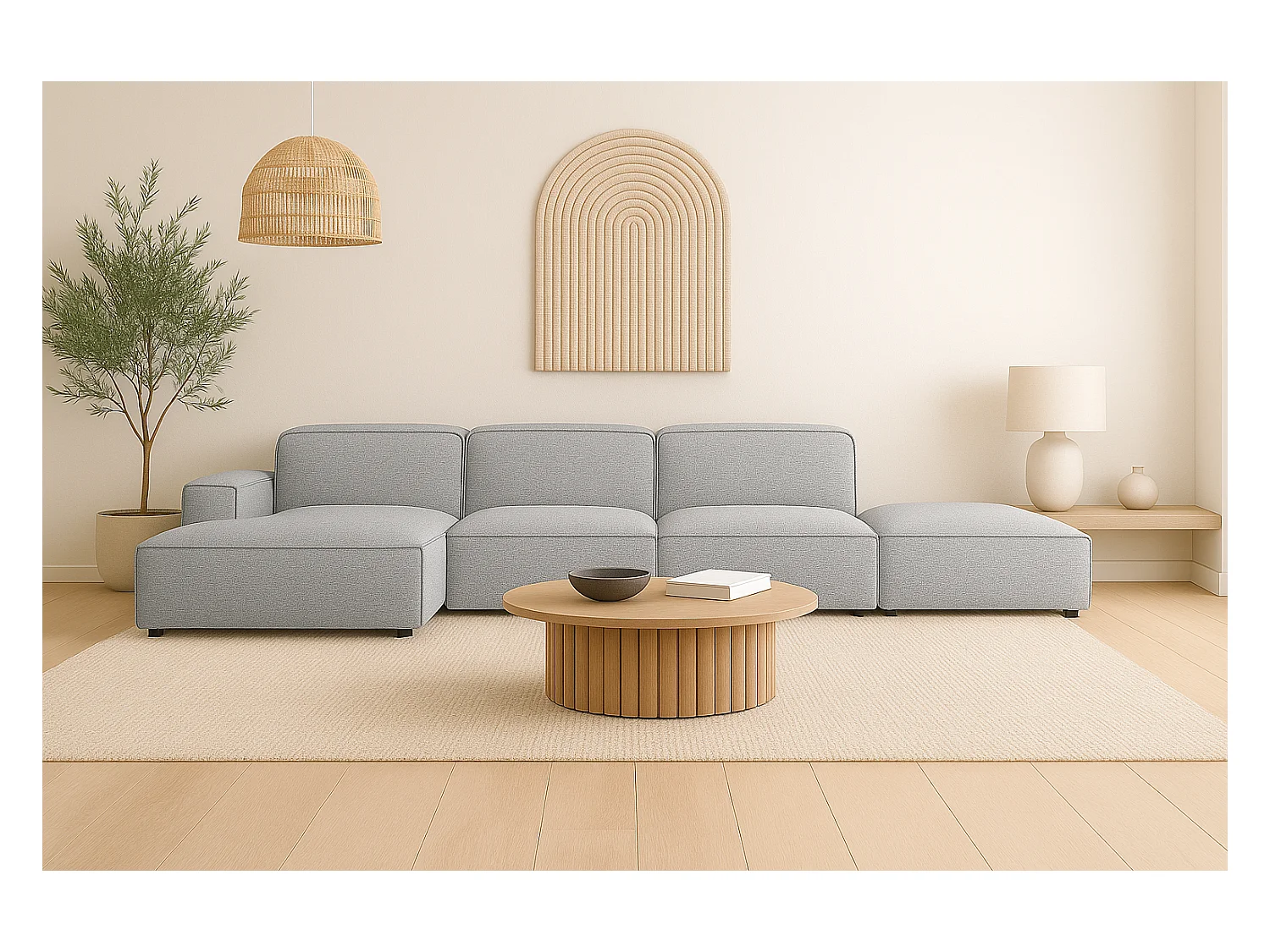 Ecksofa L-Form + Hocker Cursal, Stoff Artico, Cement, Links