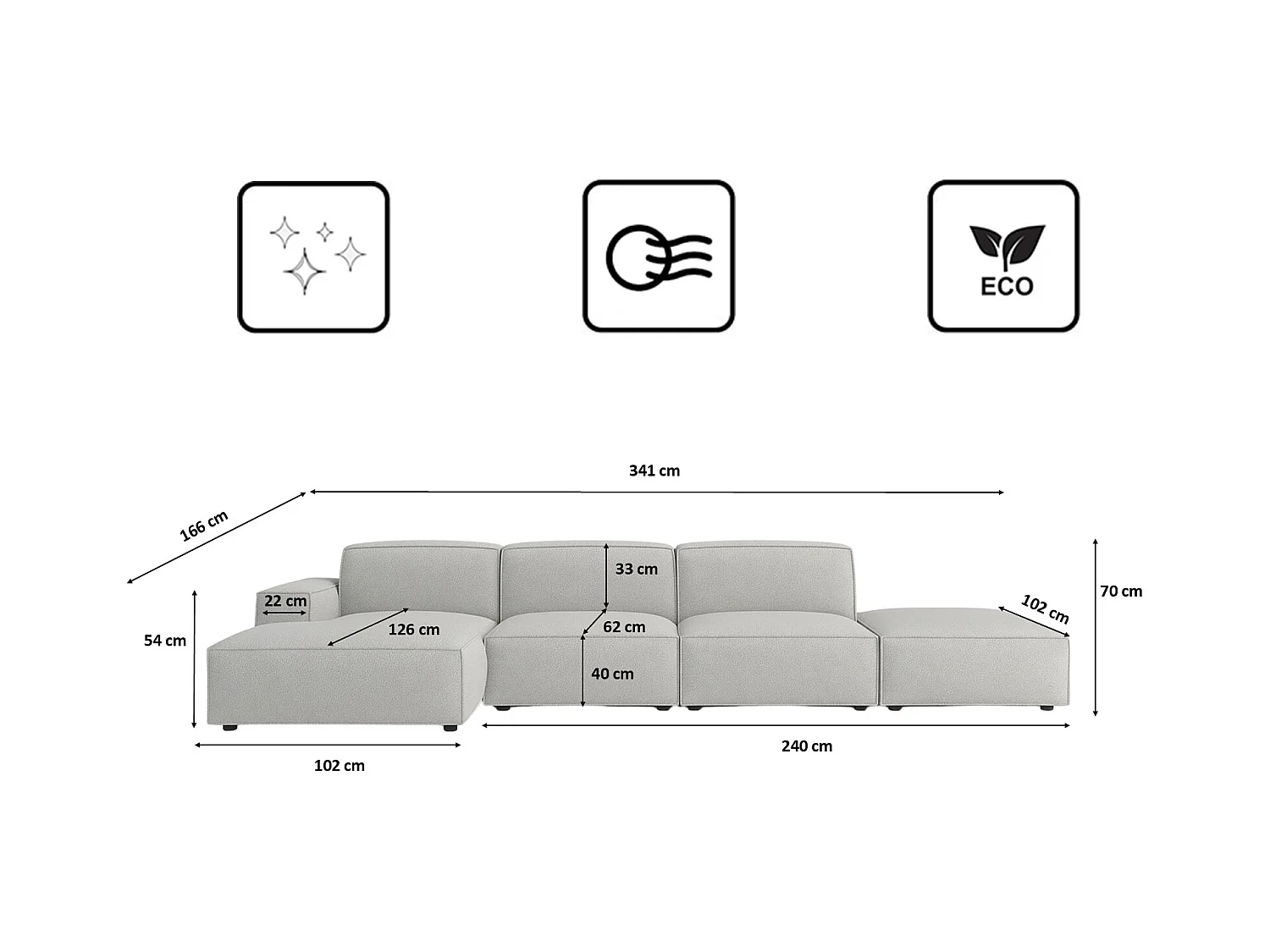 Ecksofa L-Form + Hocker Cursal, Stoff Artico, Cement, Links