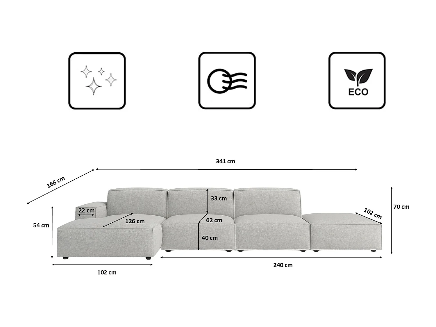 Hoekbank L-vorm + poef Cursal, stof Artico, cement, links