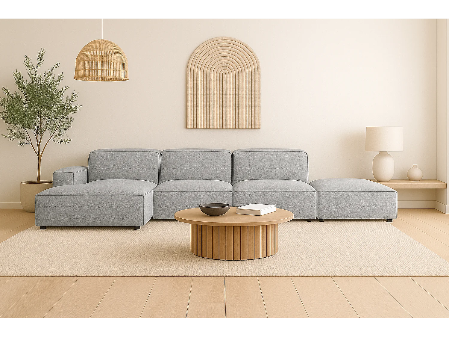 Canapé d'angle en L + tabouret Cursal, tissu Artico, ciment, gauche