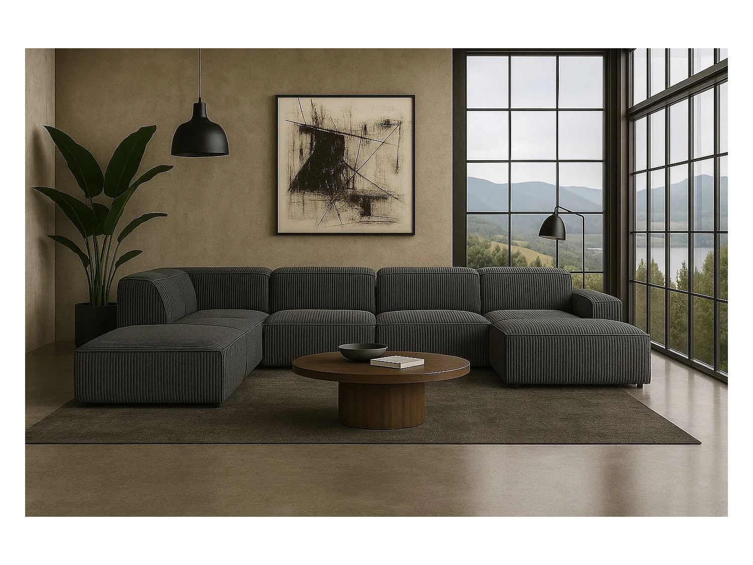 Canapé d'angle en U Cursal V, tissu Poso, gris, gauche