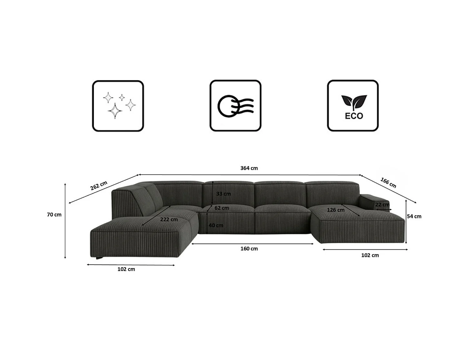 Canapé d'angle en U Cursal V, tissu Poso, gris, gauche