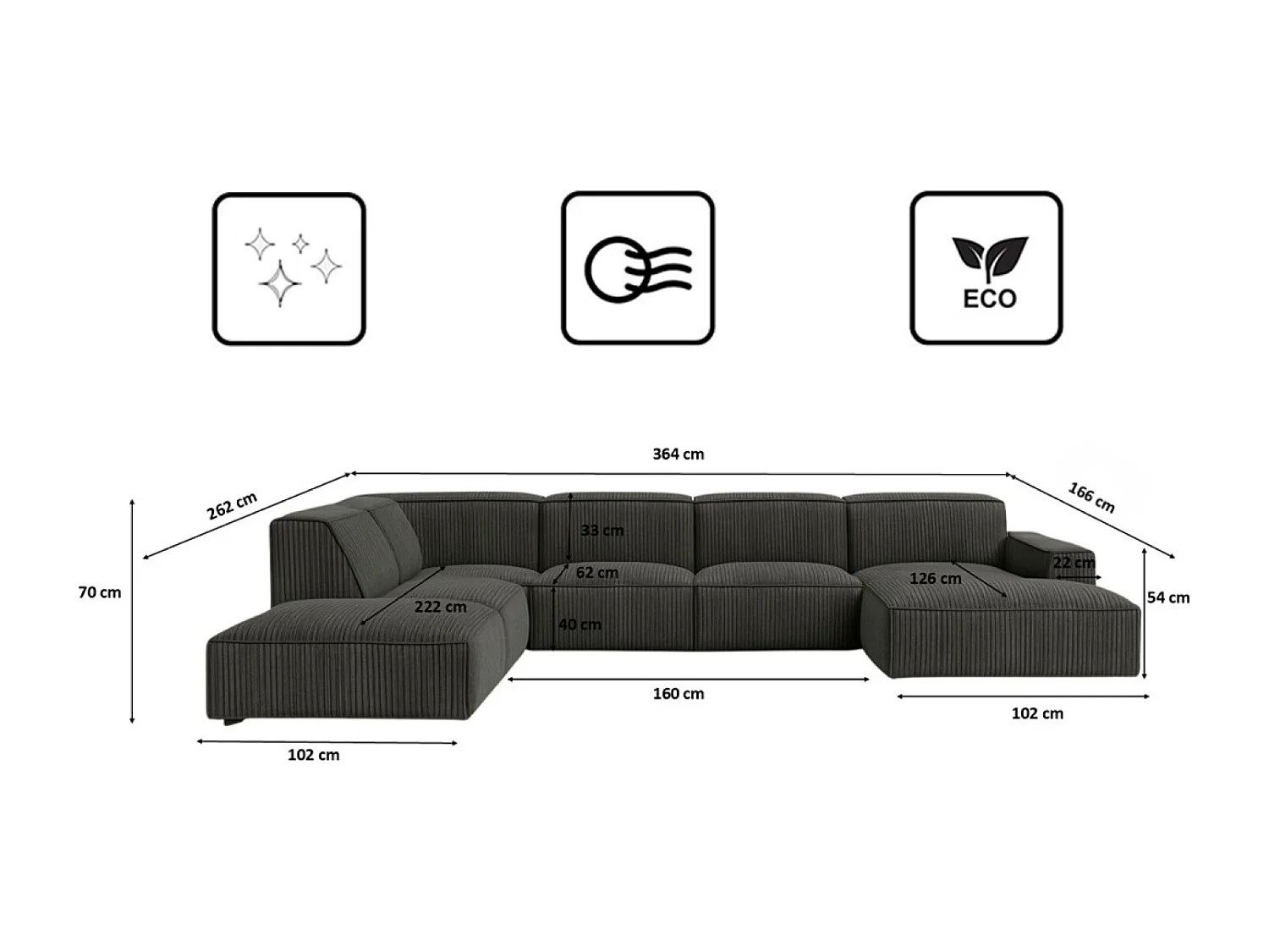 Canapé d'angle en U Cursal V, tissu Poso, gris, gauche