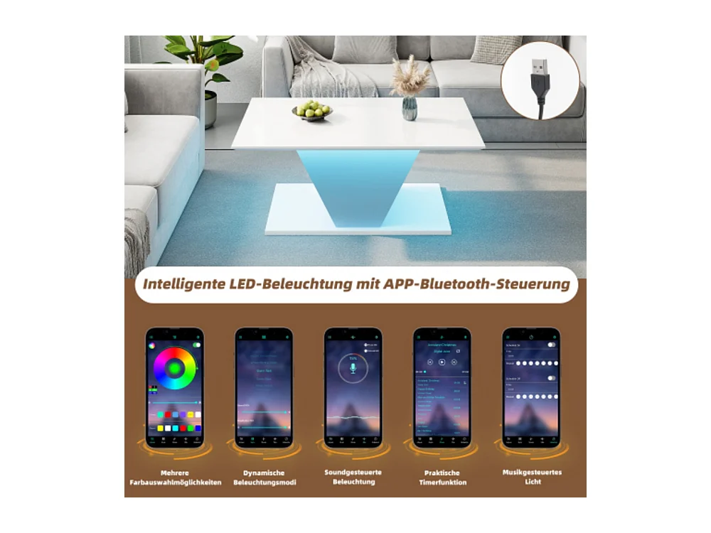 Couchtisch, Kaffeetish mit LED-Leuchten, hochglänzende Wohnzimmertisch, Sofatisch,Beistelltisch100*50*46cm