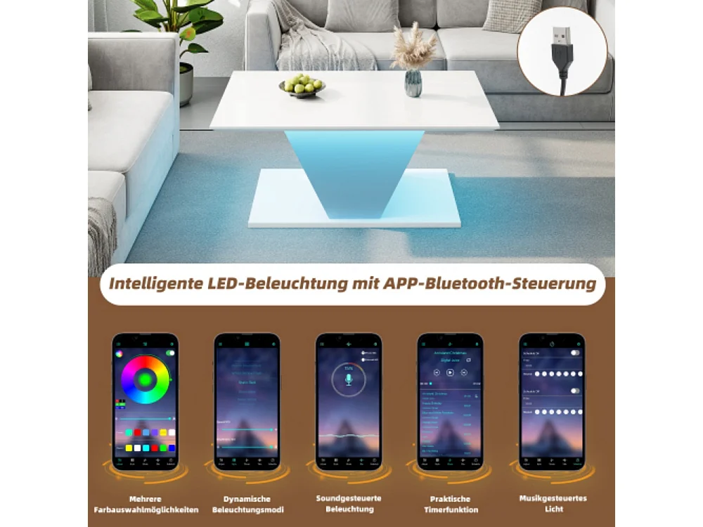 Couchtisch, Kaffeetish mit LED-Leuchten, hochglänzende Wohnzimmertisch, Sofatisch,Beistelltisch100*50*46cm