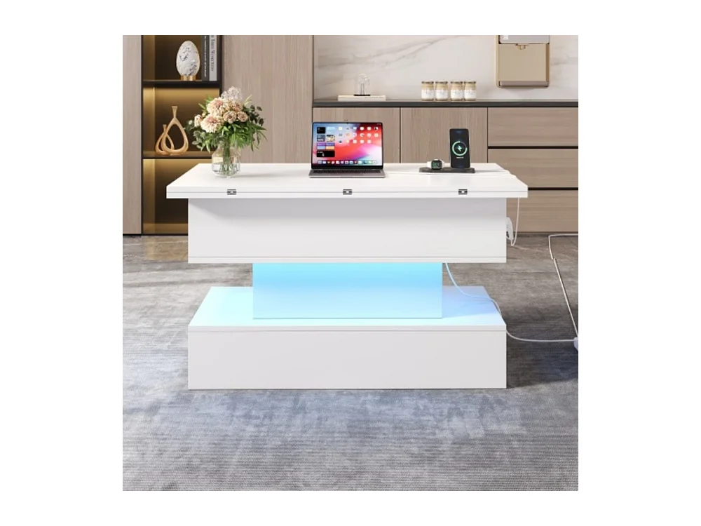 Couchtisch,USB-C&USB-Ladebuchse,multifunktionaler Wohnzimmertisch mit LED, anhebbarer Kaffeetish, höhenverstellbar Sofatisch,Beistelltisch und Esstisch mit Stauraum