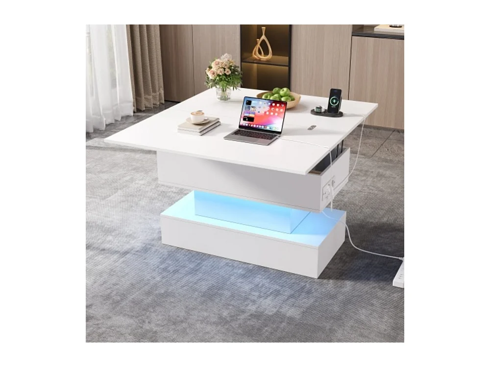 Couchtisch,USB-C&USB-Ladebuchse,multifunktionaler Wohnzimmertisch mit LED, anhebbarer Kaffeetish, höhenverstellbar Sofatisch,Beistelltisch und Esstisch mit Stauraum
