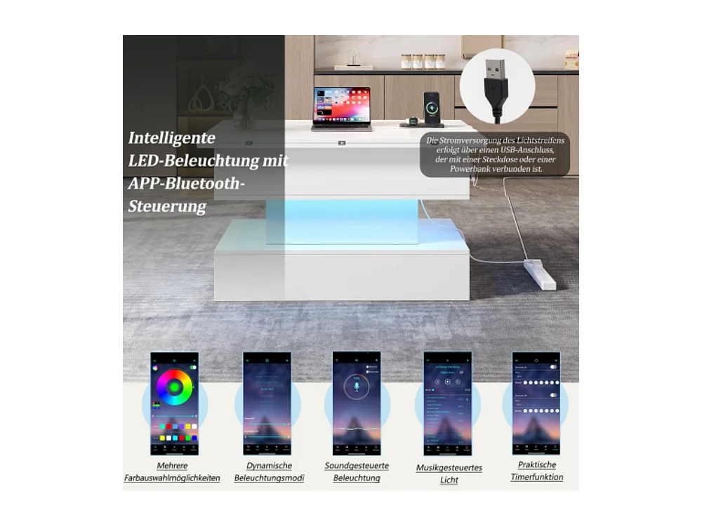 Couchtisch,USB-C&USB-Ladebuchse,multifunktionaler Wohnzimmertisch mit LED, anhebbarer Kaffeetish, höhenverstellbar Sofatisch,Beistelltisch und Esstisch mit Stauraum