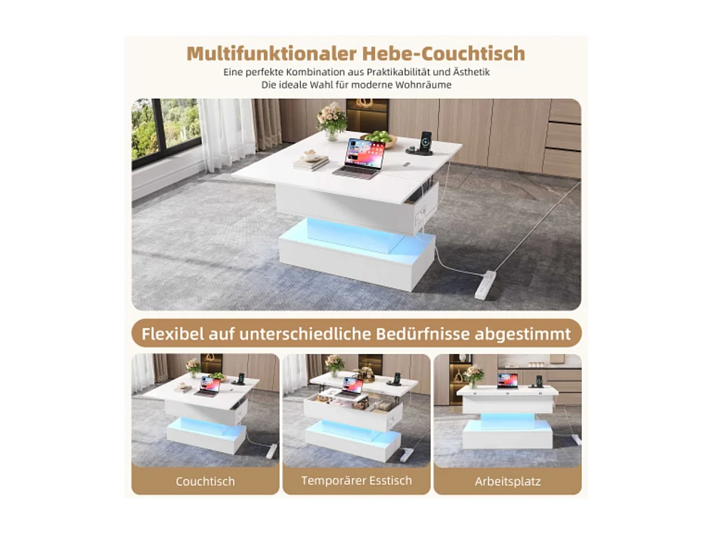 Couchtisch,USB-C&USB-Ladebuchse,multifunktionaler Wohnzimmertisch mit LED, anhebbarer Kaffeetish, höhenverstellbar Sofatisch,Beistelltisch und Esstisch mit Stauraum
