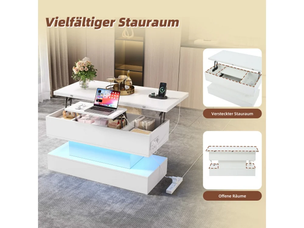 Couchtisch,USB-C&USB-Ladebuchse,multifunktionaler Wohnzimmertisch mit LED, anhebbarer Kaffeetish, höhenverstellbar Sofatisch,Beistelltisch und Esstisch mit Stauraum