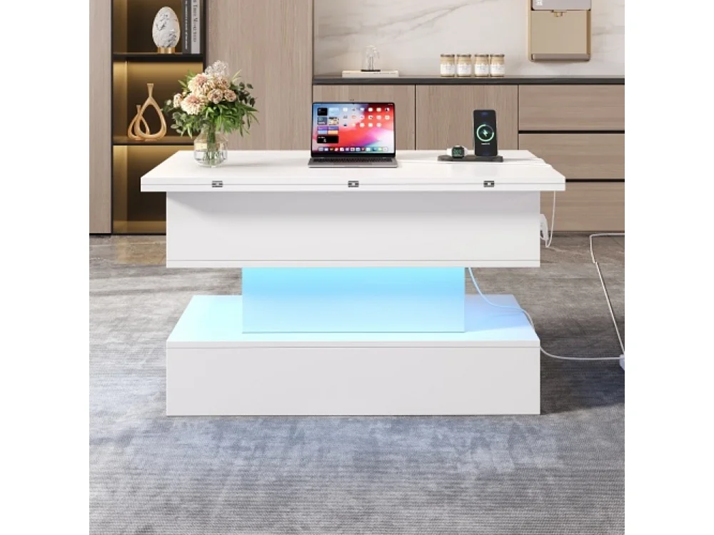 Couchtisch,USB-C&USB-Ladebuchse,multifunktionaler Wohnzimmertisch mit LED, anhebbarer Kaffeetish, höhenverstellbar Sofatisch,Beistelltisch und Esstisch mit Stauraum