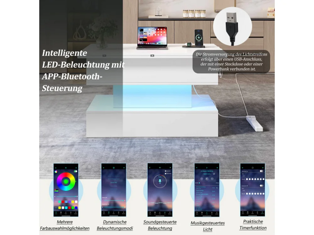 Couchtisch,USB-C&USB-Ladebuchse,multifunktionaler Wohnzimmertisch mit LED, anhebbarer Kaffeetish, höhenverstellbar Sofatisch,Beistelltisch und Esstisch mit Stauraum