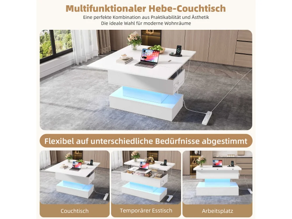 Couchtisch,USB-C&USB-Ladebuchse,multifunktionaler Wohnzimmertisch mit LED, anhebbarer Kaffeetish, höhenverstellbar Sofatisch,Beistelltisch und Esstisch mit Stauraum