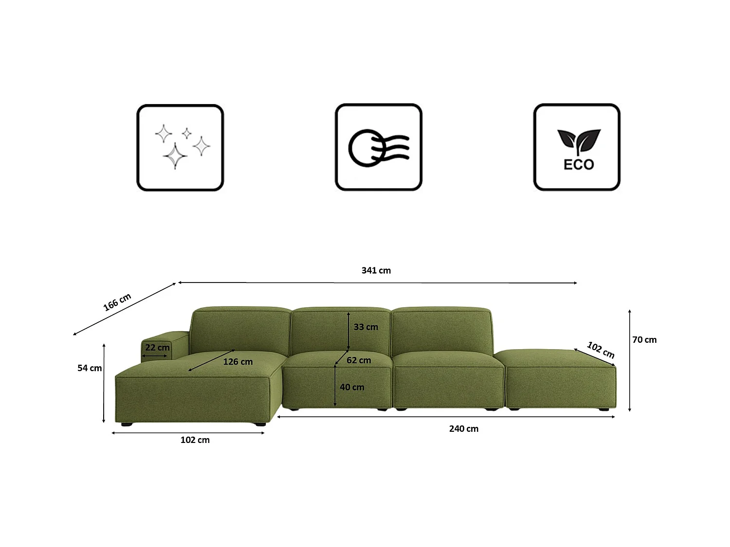 Ecksofa L-Form + Hocker Cursal, Stoff Artico, Moss, Links