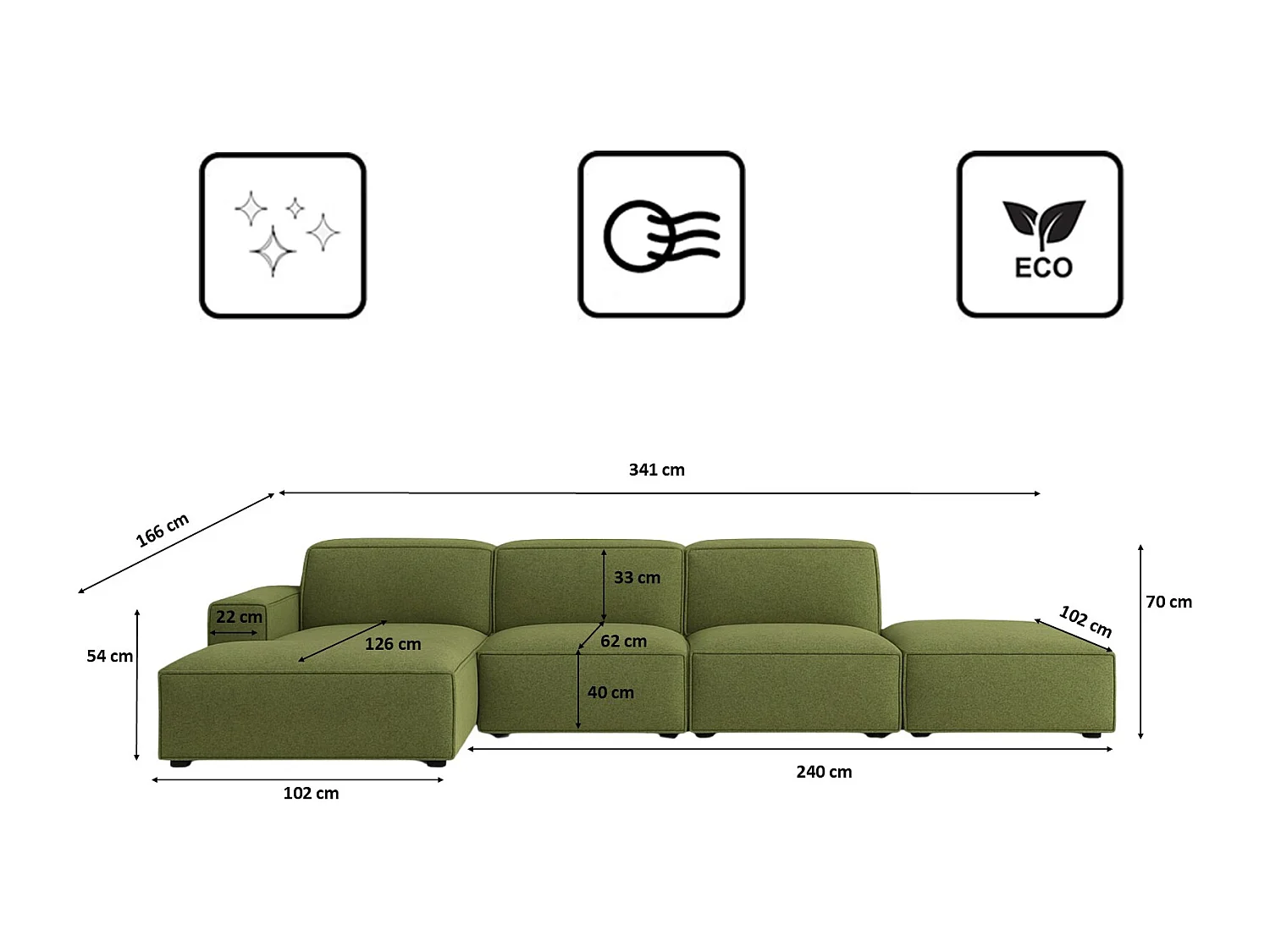 Ecksofa L-Form + Hocker Cursal, Stoff Artico, Moss, Links