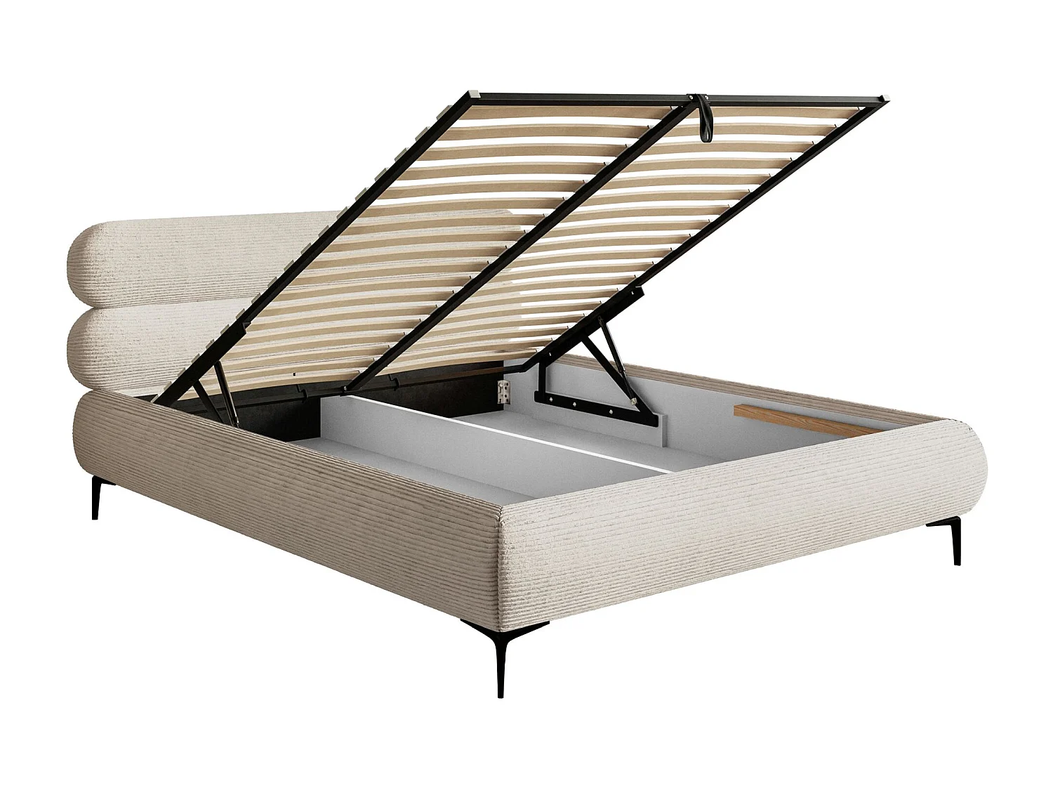 Gestoffeerd bed 180×200 met opbergruimte – ribfluweel en zwarte poten – lichtbeige – ROULE CORD