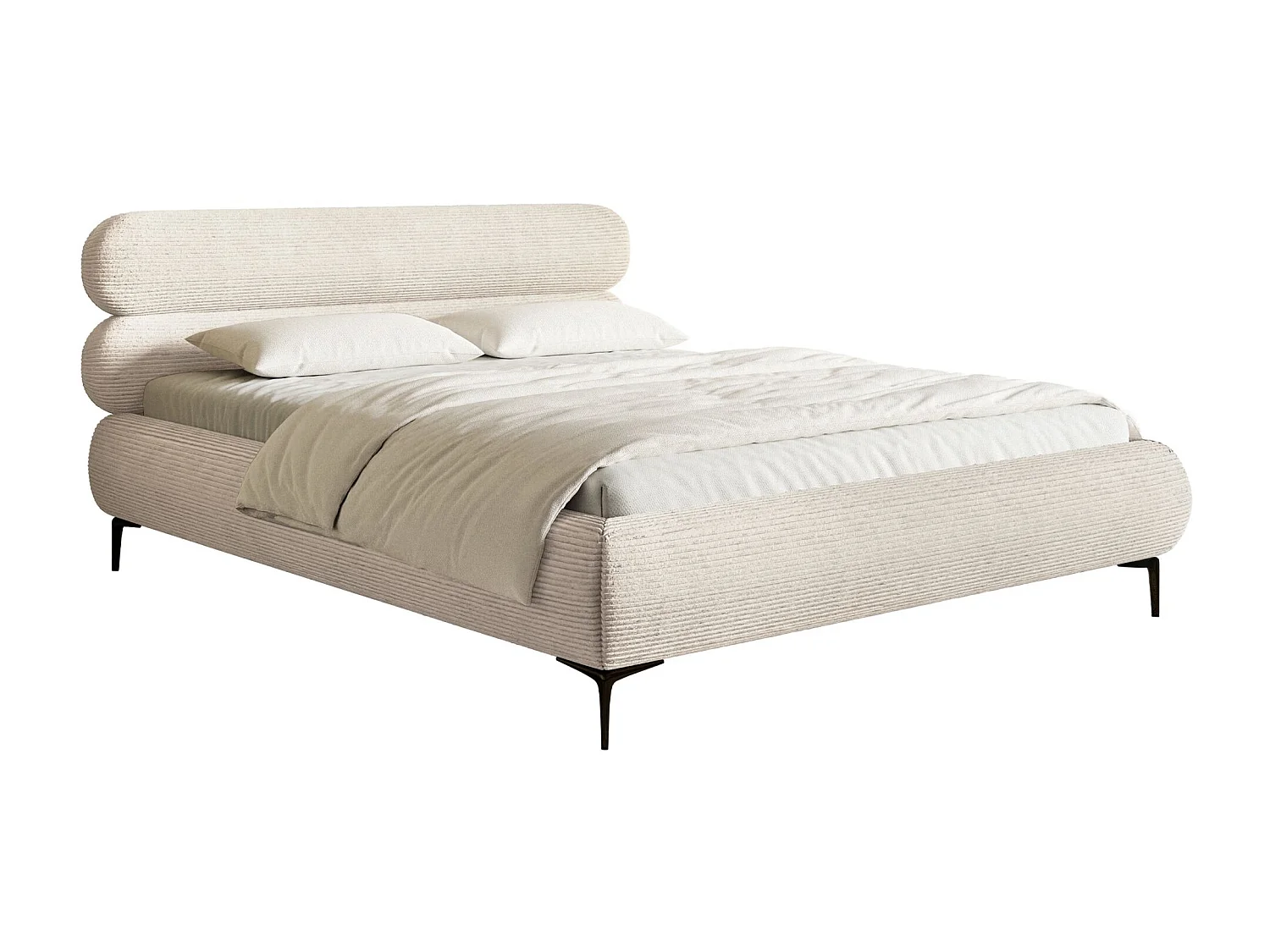 Gestoffeerd bed 180×200 met opbergruimte – ribfluweel en zwarte poten – lichtbeige – ROULE CORD