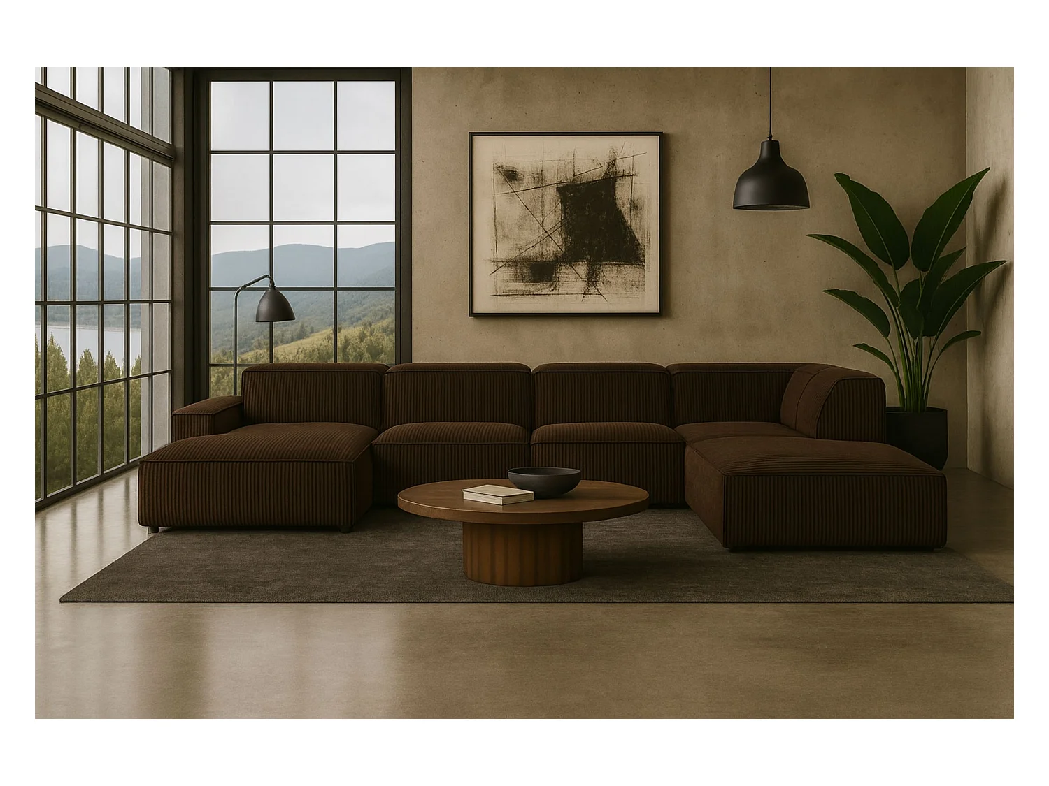 Canapé d'angle en U Cursal V, tissu Poso, marron, droit