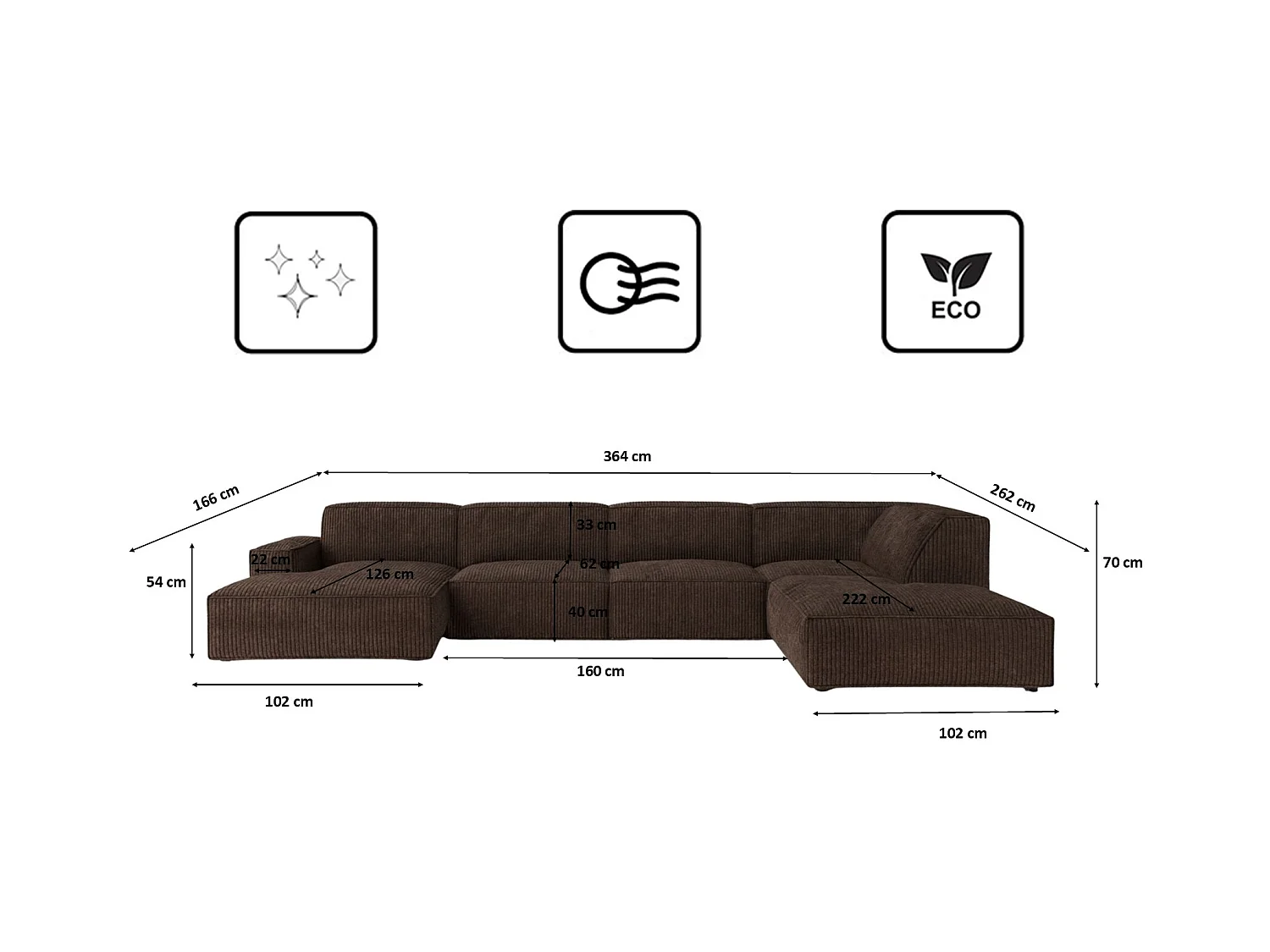 Canapé d'angle en U Cursal V, tissu Poso, marron, droit