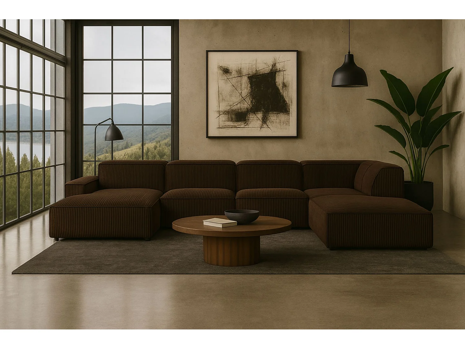 Canapé d'angle en U Cursal V, tissu Poso, marron, droit