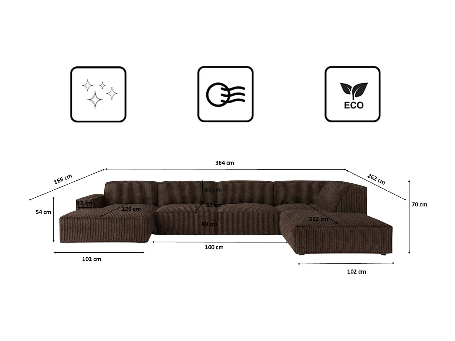 Canapé d'angle en U Cursal V, tissu Poso, marron, droit
