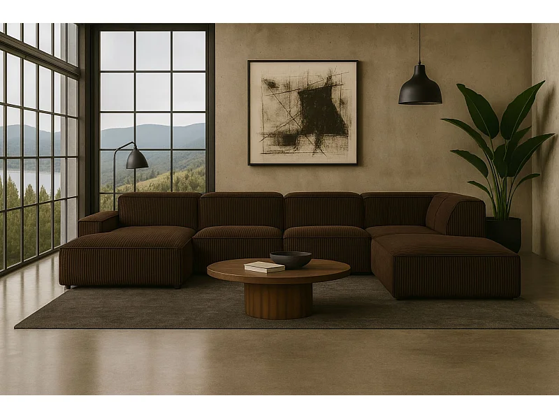 Canapé d'angle en U Cursal V, tissu Poso, marron, droit