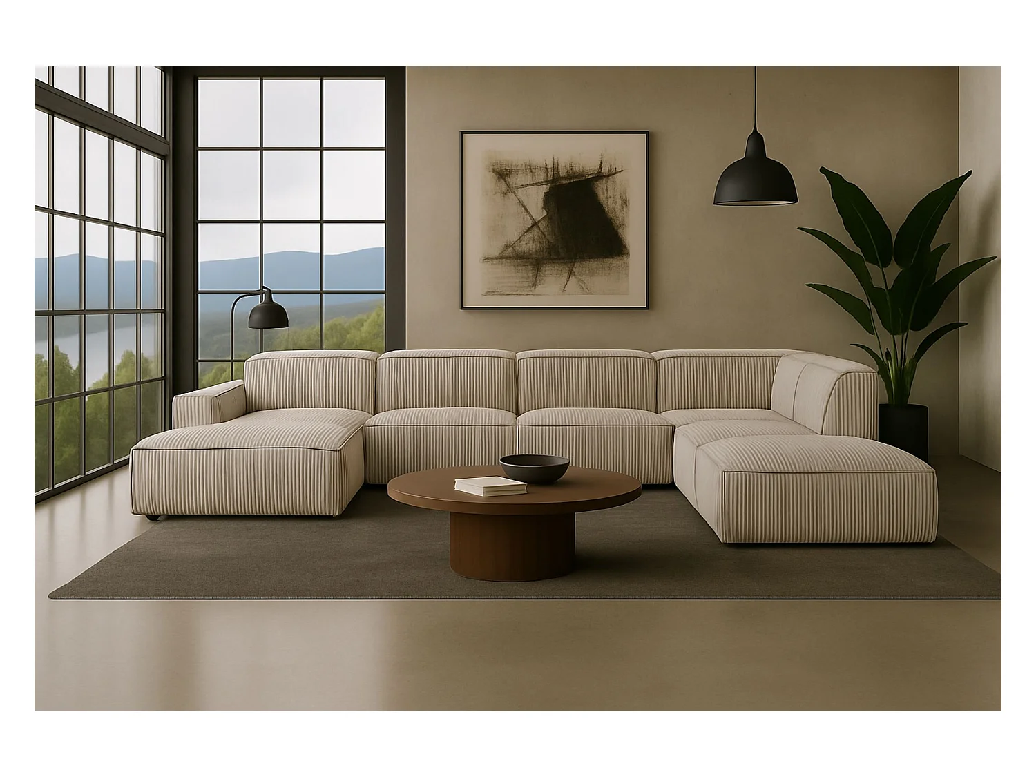 Canapé d'angle en U Cursal V, tissu Poso, beige, droit