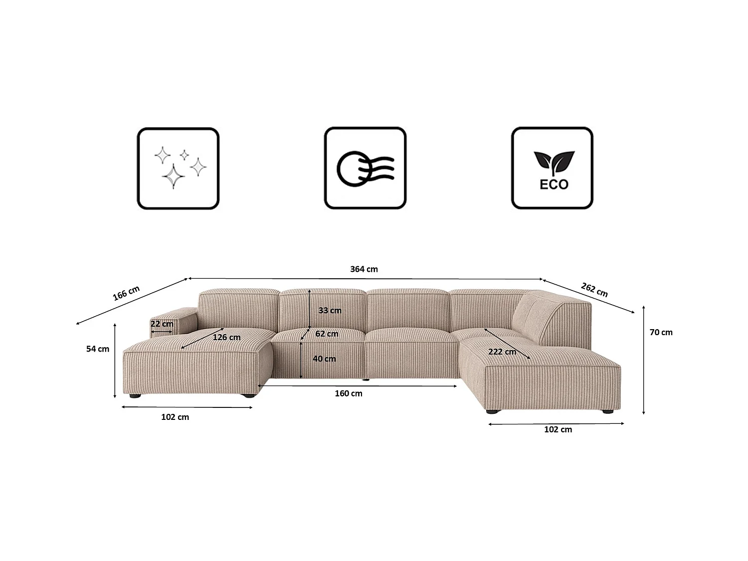Canapé d'angle en U Cursal V, tissu Poso, beige, droit