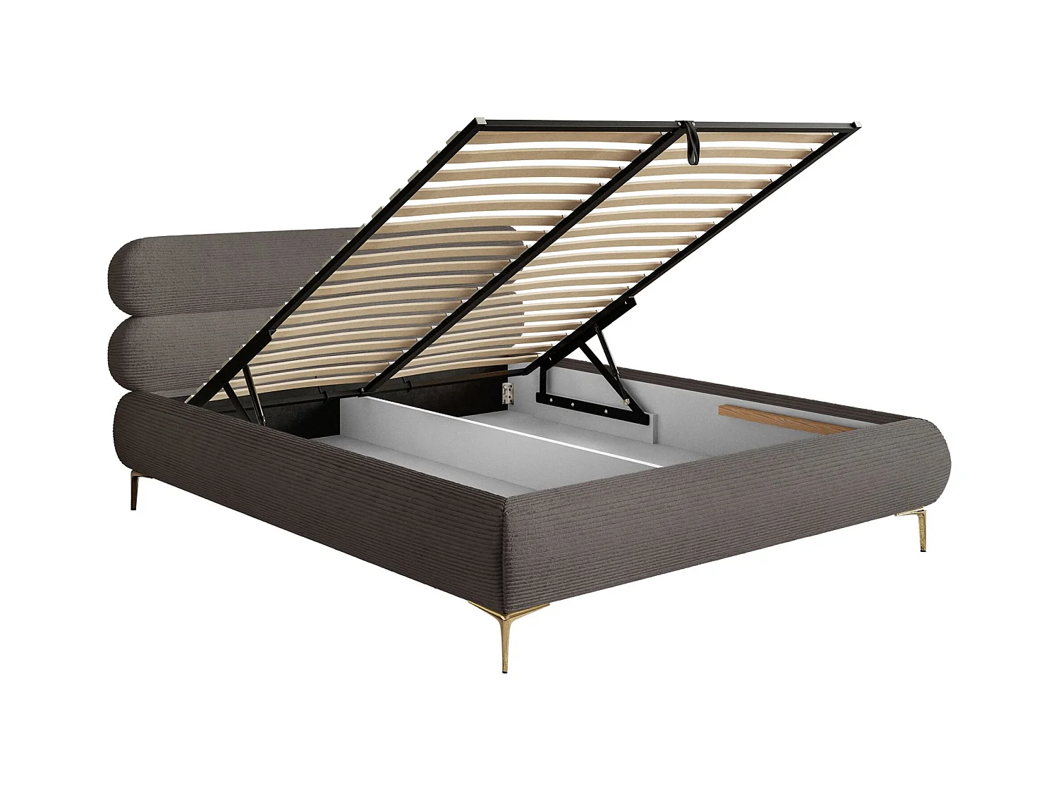 Polsterbett 180x200 mit Bettkasten – Cordstoff – goldfarbenen Füßen – Grau – ROULE CORD