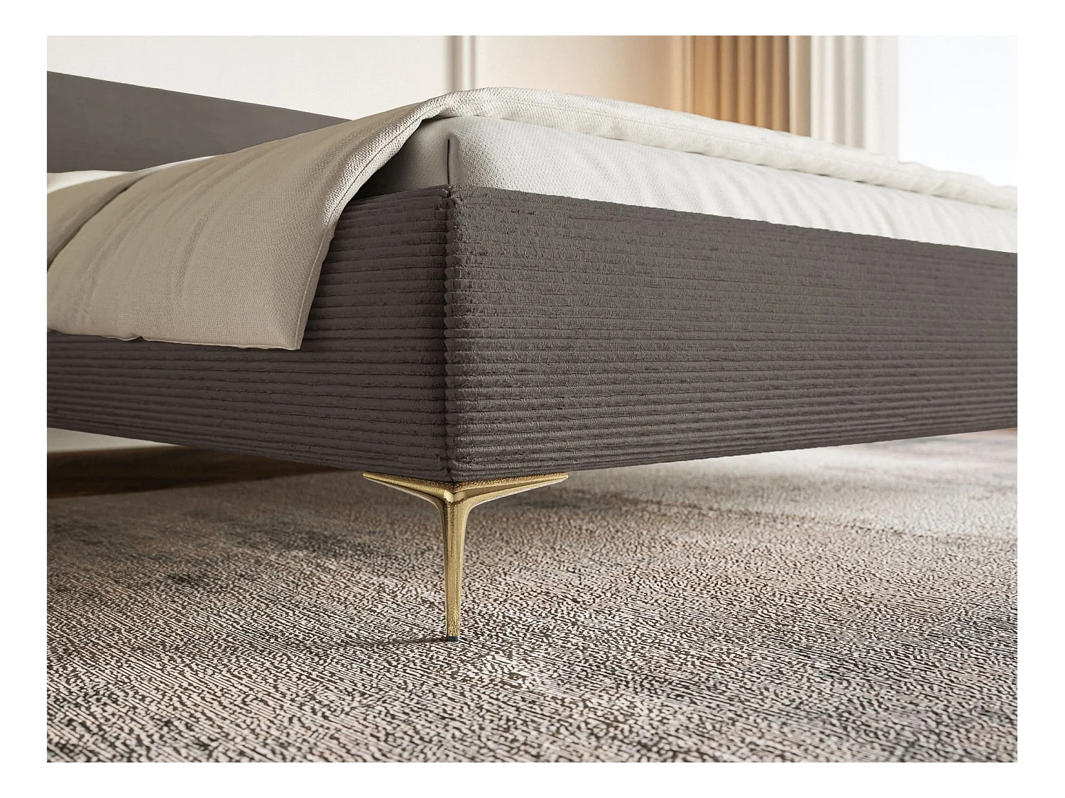 Polsterbett 180x200 mit Bettkasten – Cordstoff – goldfarbenen Füßen – Grau – ROULE CORD