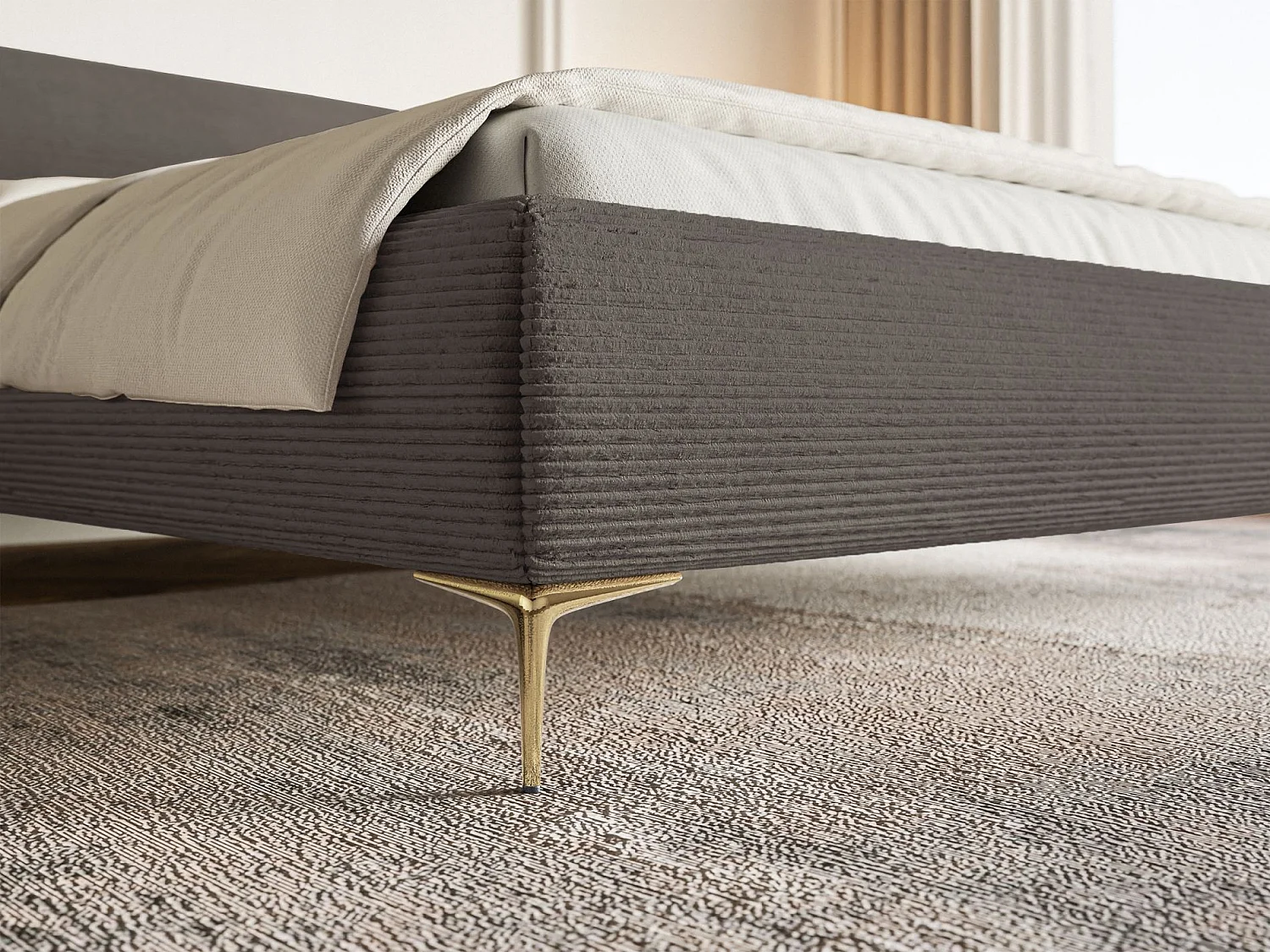 Lit tapissé 180x200 – rangement – velours côtelé – gris – ROULE CORD