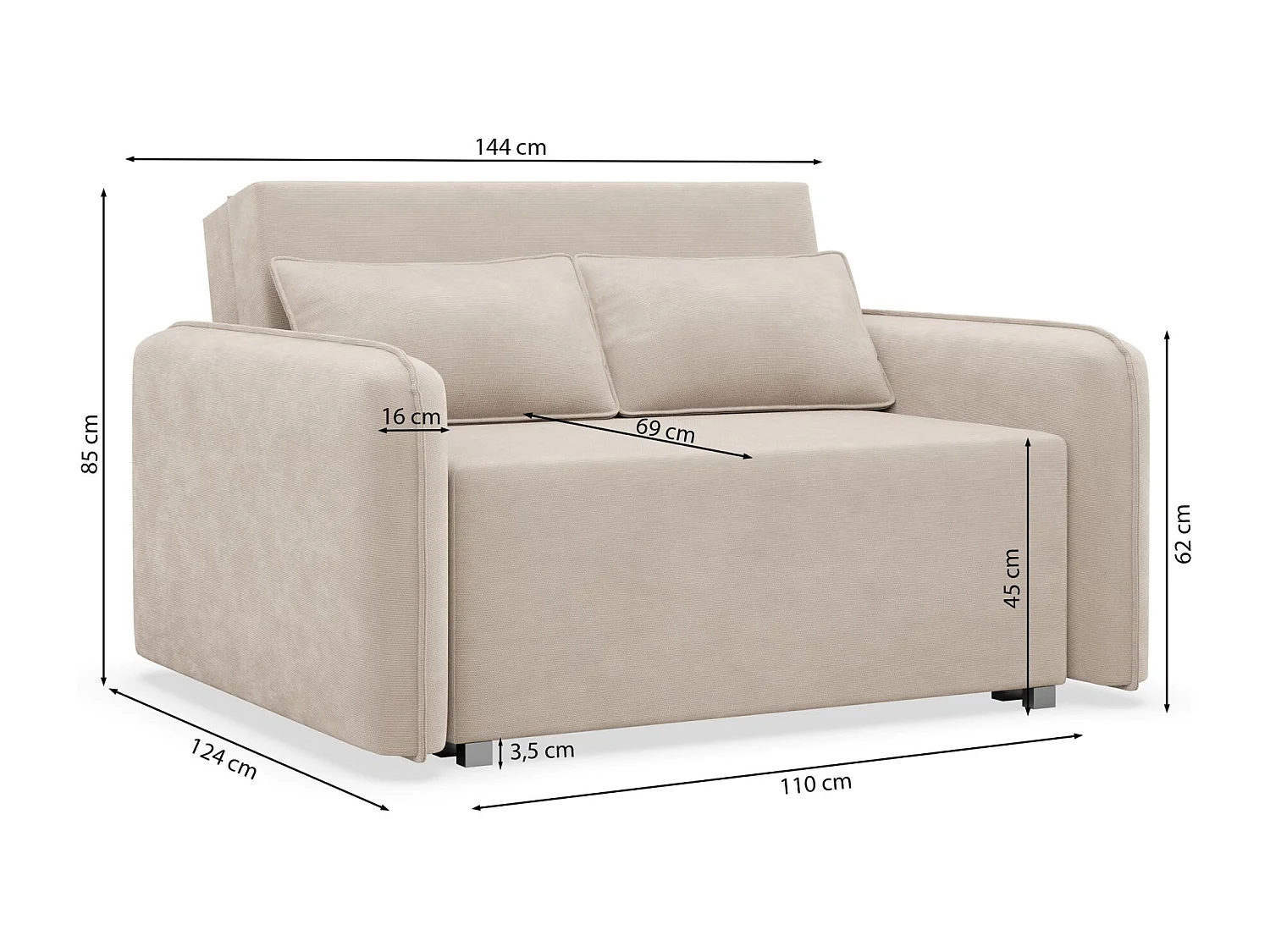 Schlafsofa 2-Sitzer – Bettkasten – Chenille hydrophob – Dunkelgrau – DUELIA