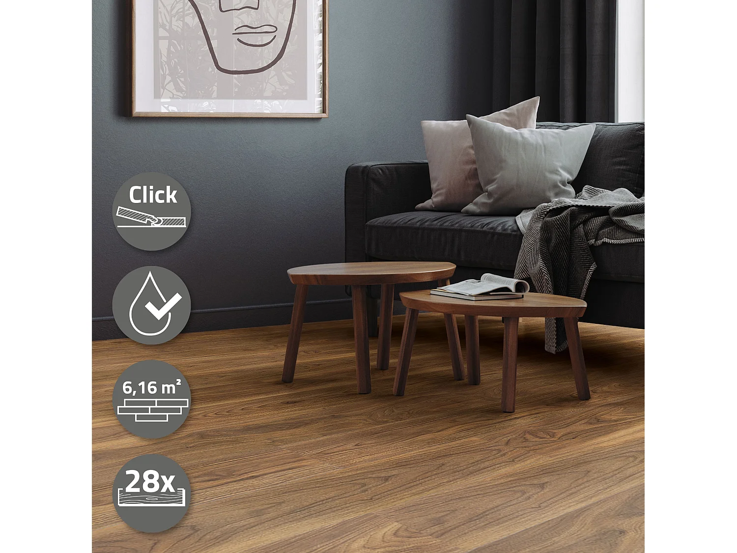 Revêtement de sol clipsable en vinyle 122cm x 18cm x 4,2mm 6,16m²/28 planches marron chêne aspect bois imitation parquet pvc étanche classe charge 34