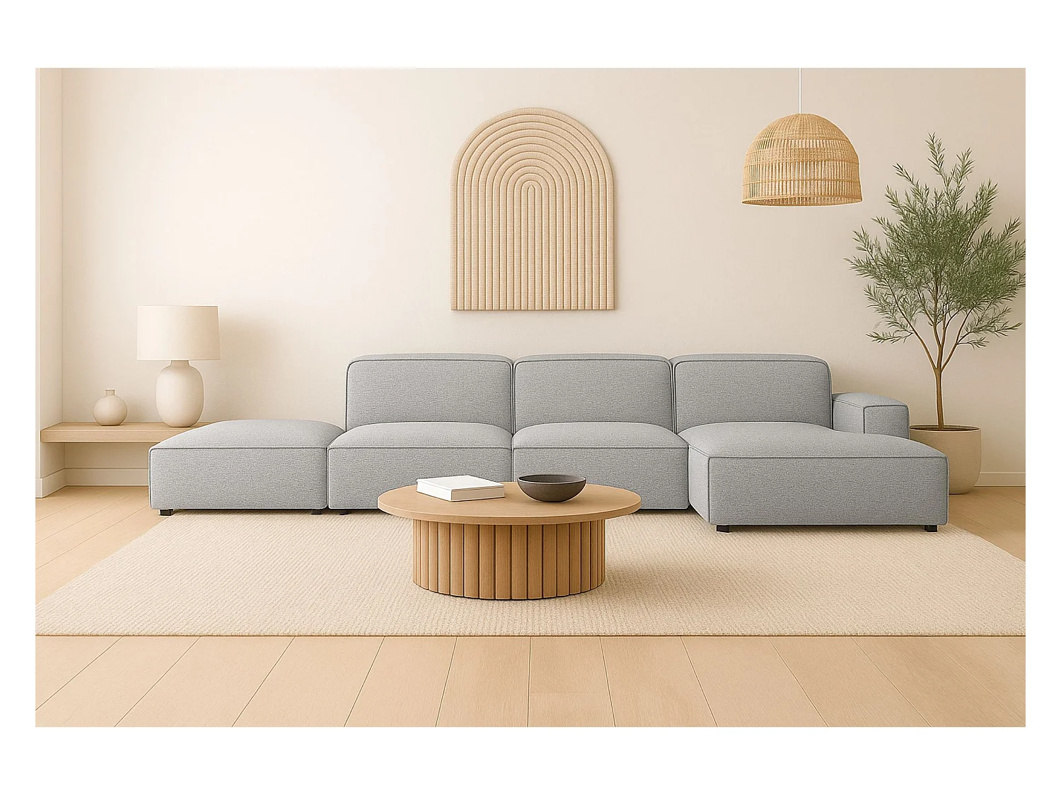 Ecksofa L-Form + Hocker Cursal, Stoff Artico, Cement, Rechts