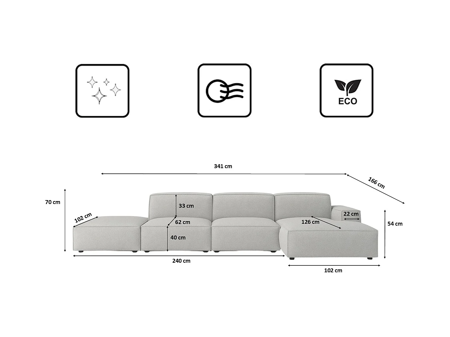 Ecksofa L-Form + Hocker Cursal, Stoff Artico, Cement, Rechts