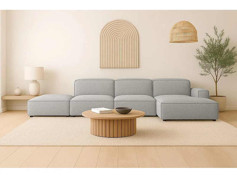 Hoekbank L-vorm + poef Cursal, stof Artico, cement, rechts