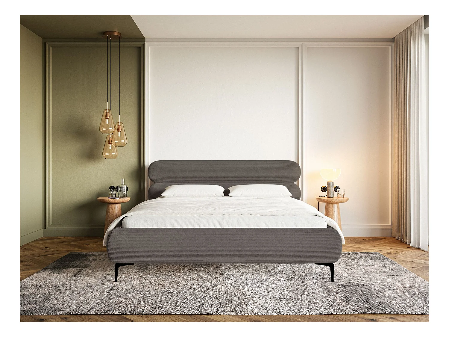 Lit tapissé 180x200 – rangement – velours côtelé – gris – ROULE CORD