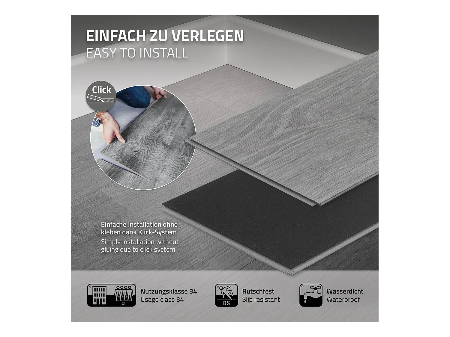 ML-Design Suelo vinílico de PVC 7,7m² color Gris Windswell Hickory 35x planchas sistema de click 122x18 cm láminas grosor 4,2mm efecto madera