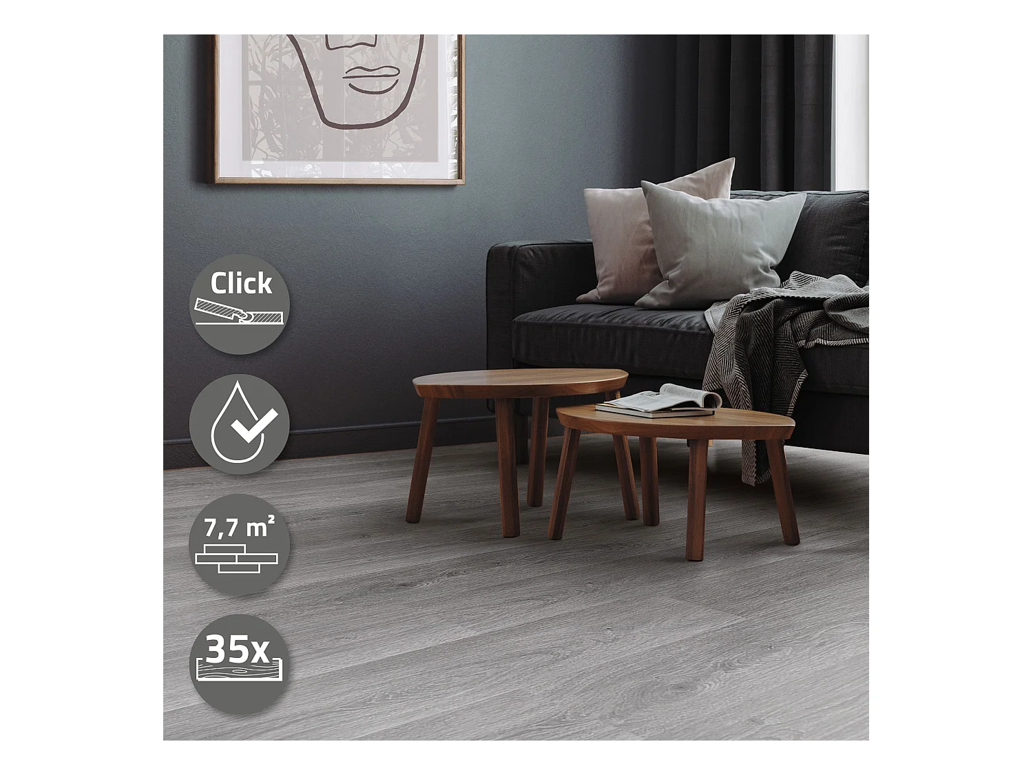 ML-Design Suelo vinílico de PVC 7,7m² color Gris Windswell Hickory 35x planchas sistema de click 122x18 cm láminas grosor 4,2mm efecto madera