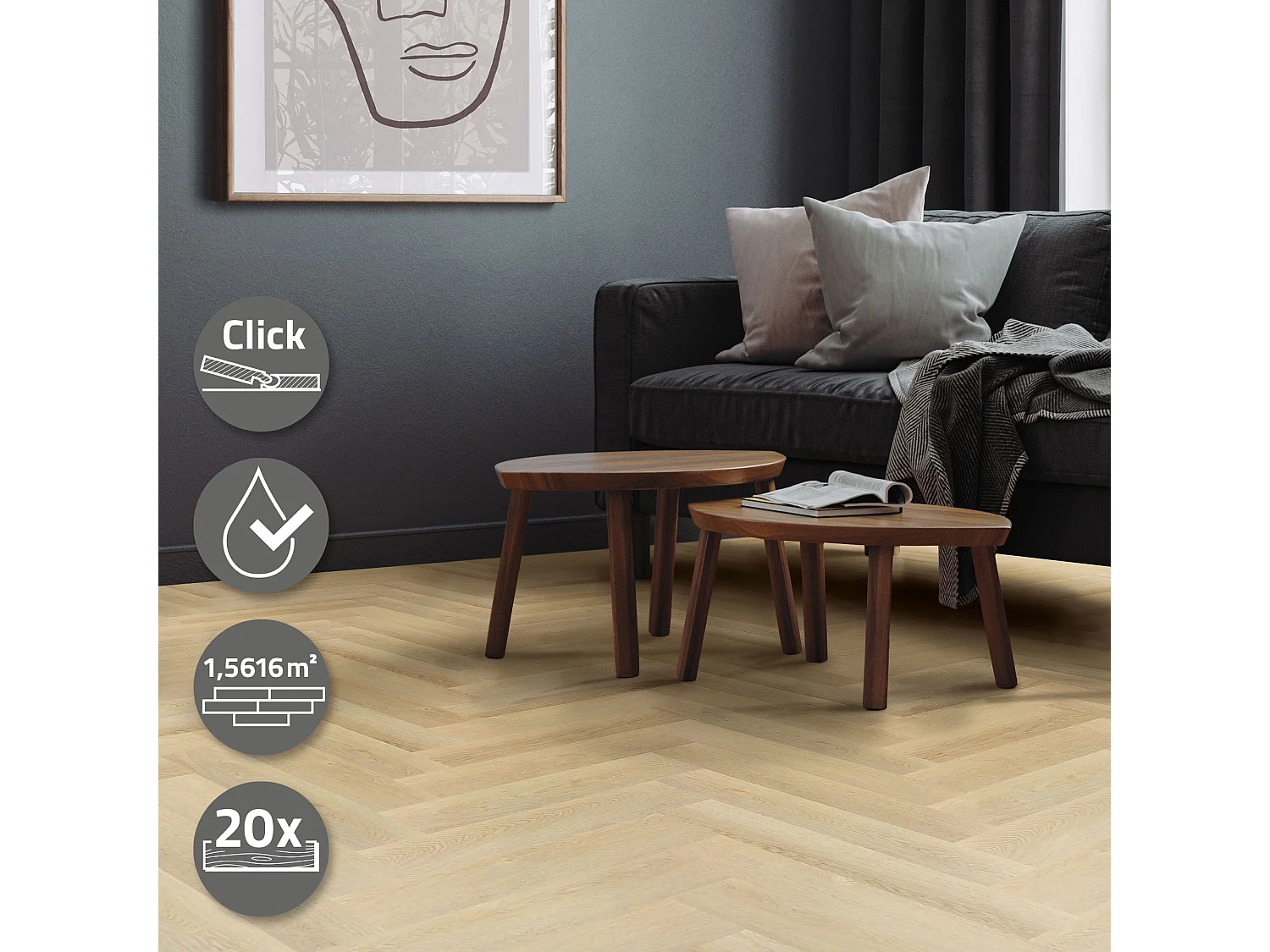 Pavimento in PVC Deluxe 61x12,8cm 1,56m² a click rovere naturale a spina di pesce 20 listoni vinile rivestimento aspetto legno impermeabile ML-Design