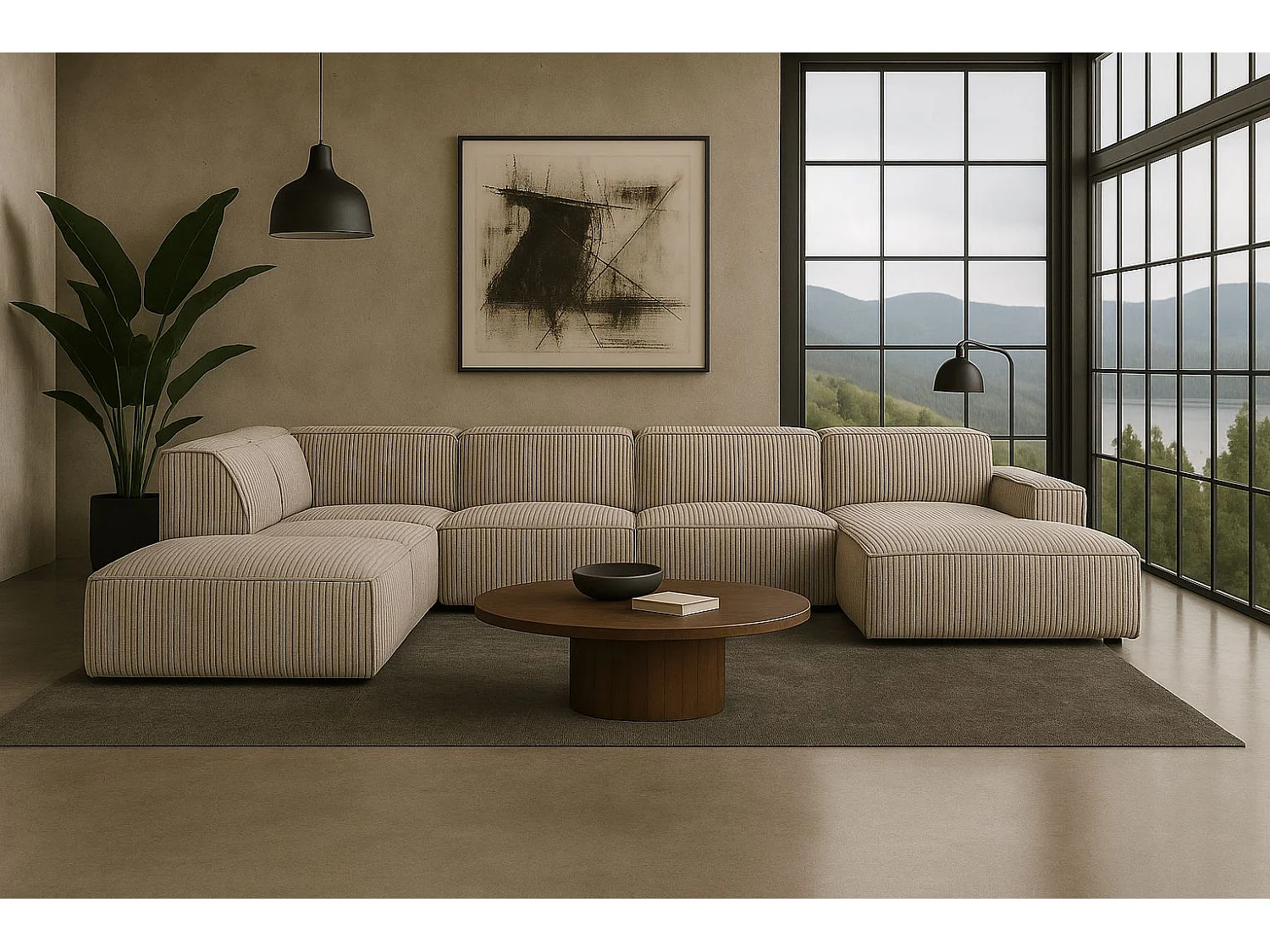 Canapé d'angle en U Cursal V, tissu Poso, beige foncé, gauche
