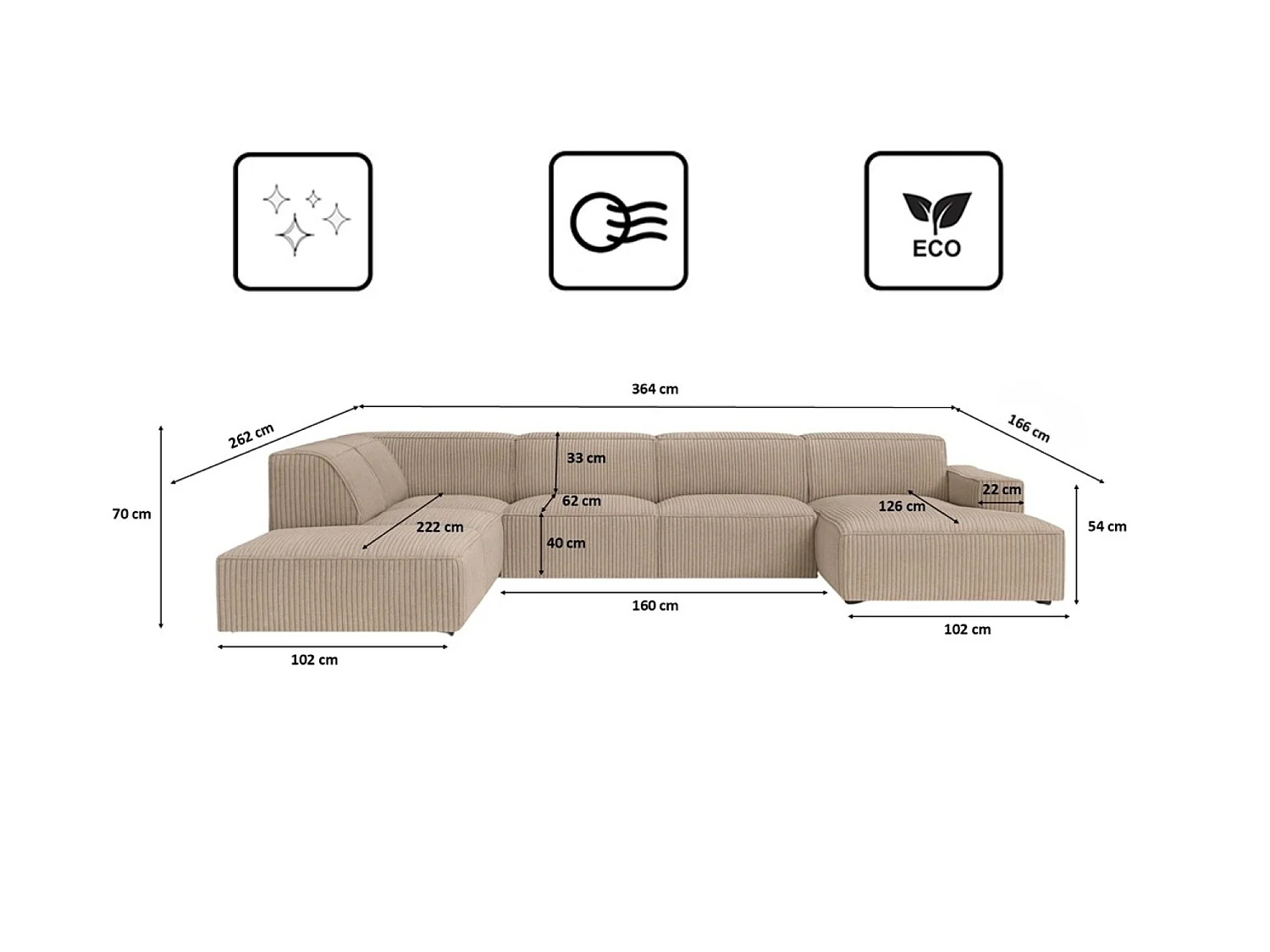 Canapé d'angle en U Cursal V, tissu Poso, beige foncé, gauche