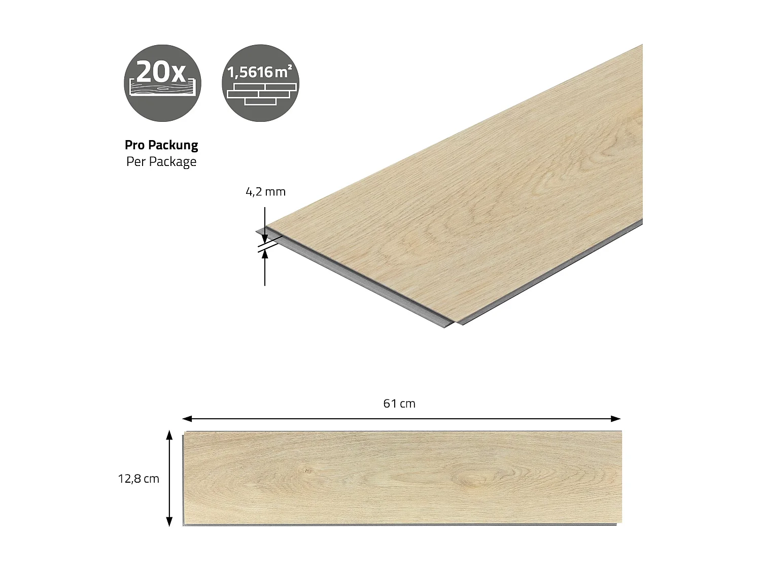 Pavimento in PVC Deluxe 61x12,8cm 7,8 m² a click rovere naturale a spina di pesce 100 listoni vinile rivestimento aspetto legno impermeabile ML-Design