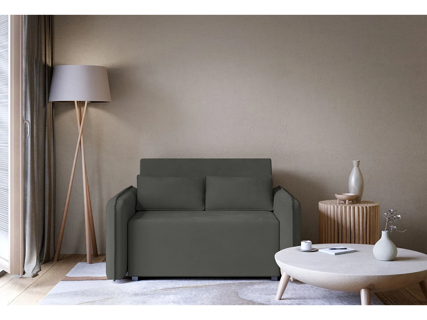 Canapé convertible 2 places – coffre – chenille hydrophobe – gris graphite – DUELIA