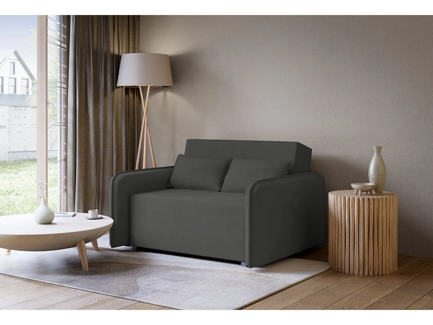 Canapé convertible 2 places – coffre – chenille hydrophobe – gris graphite – DUELIA