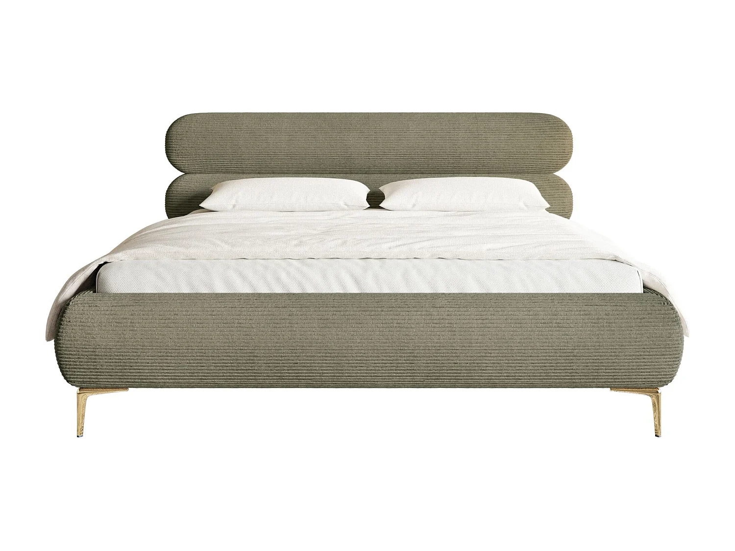 Gestoffeerd bed 180×200 met opbergruimte – ribfluweel en goudkleurige poten – olijfgroen – ROULE CORD