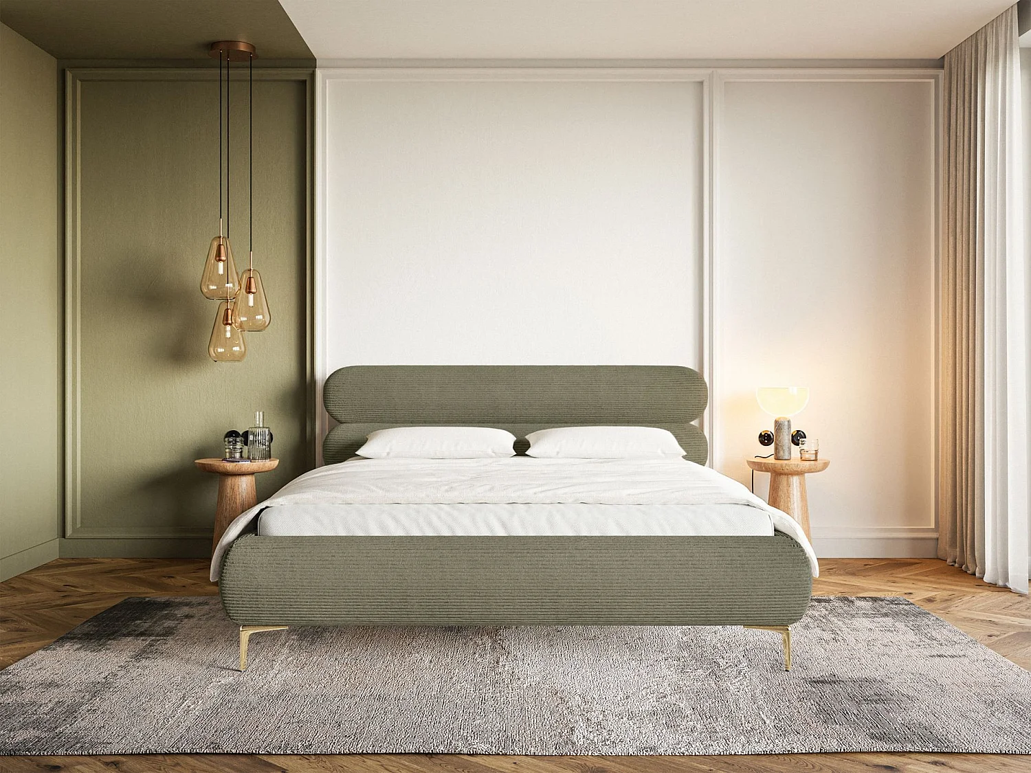 Polsterbett 180x200 mit Bettkasten – Cordstoff – goldfarbenen Füßen – Olivgrün – ROULE CORD